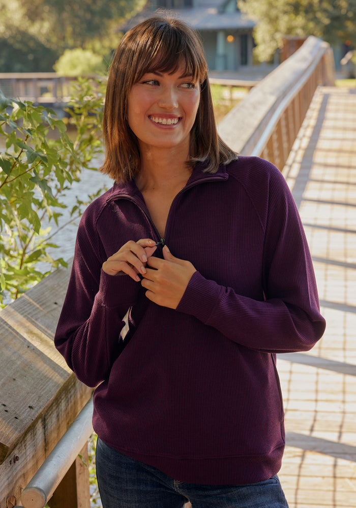 Quinn 1/4 Zip | Black Ribbed 1/4 Zip Top | Merino Wool for Comfort