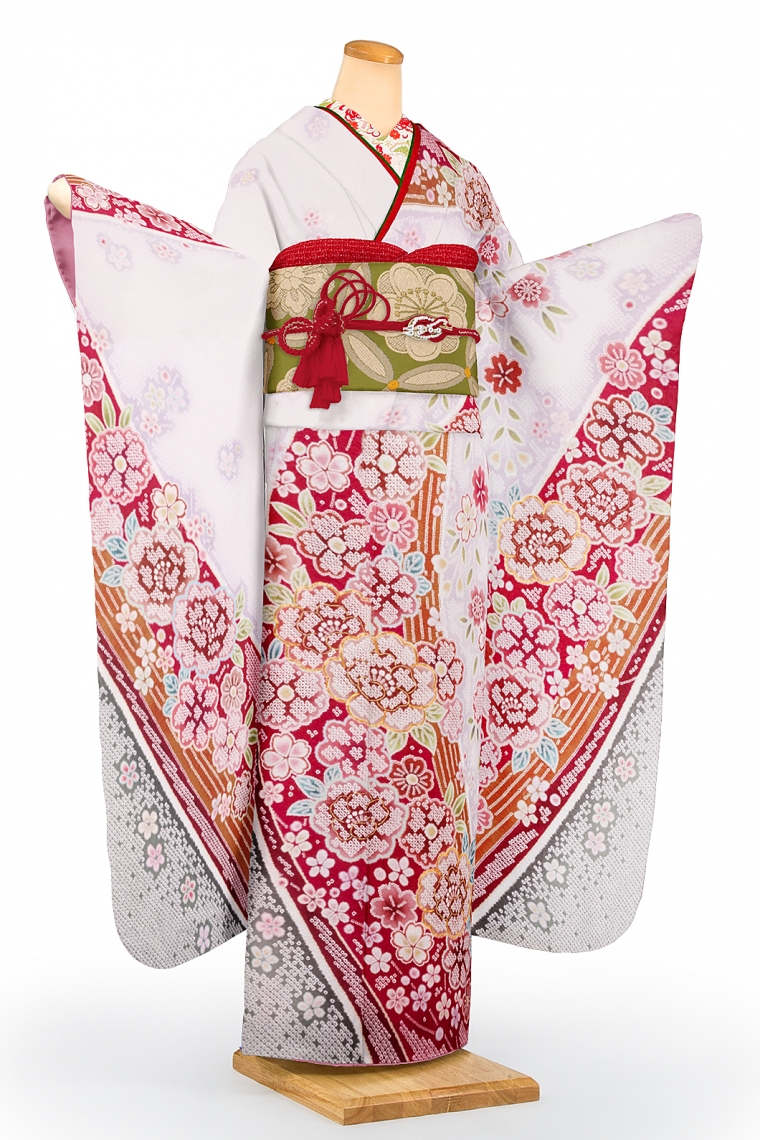 振袖レンタル 振袖Lサイズ 総絞り 四季花円相 白/赤｜着物レンタル
