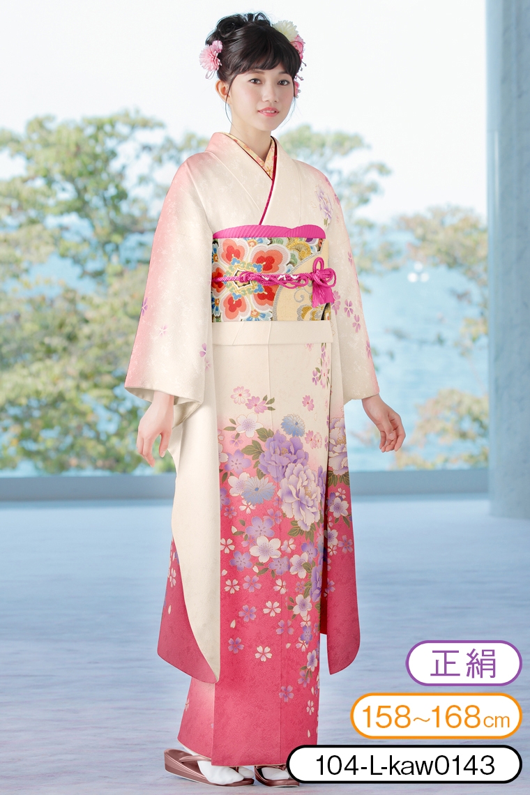 振袖レンタル 振袖Lサイズ 春秋花 白/ピンク｜着物レンタル 安心フル