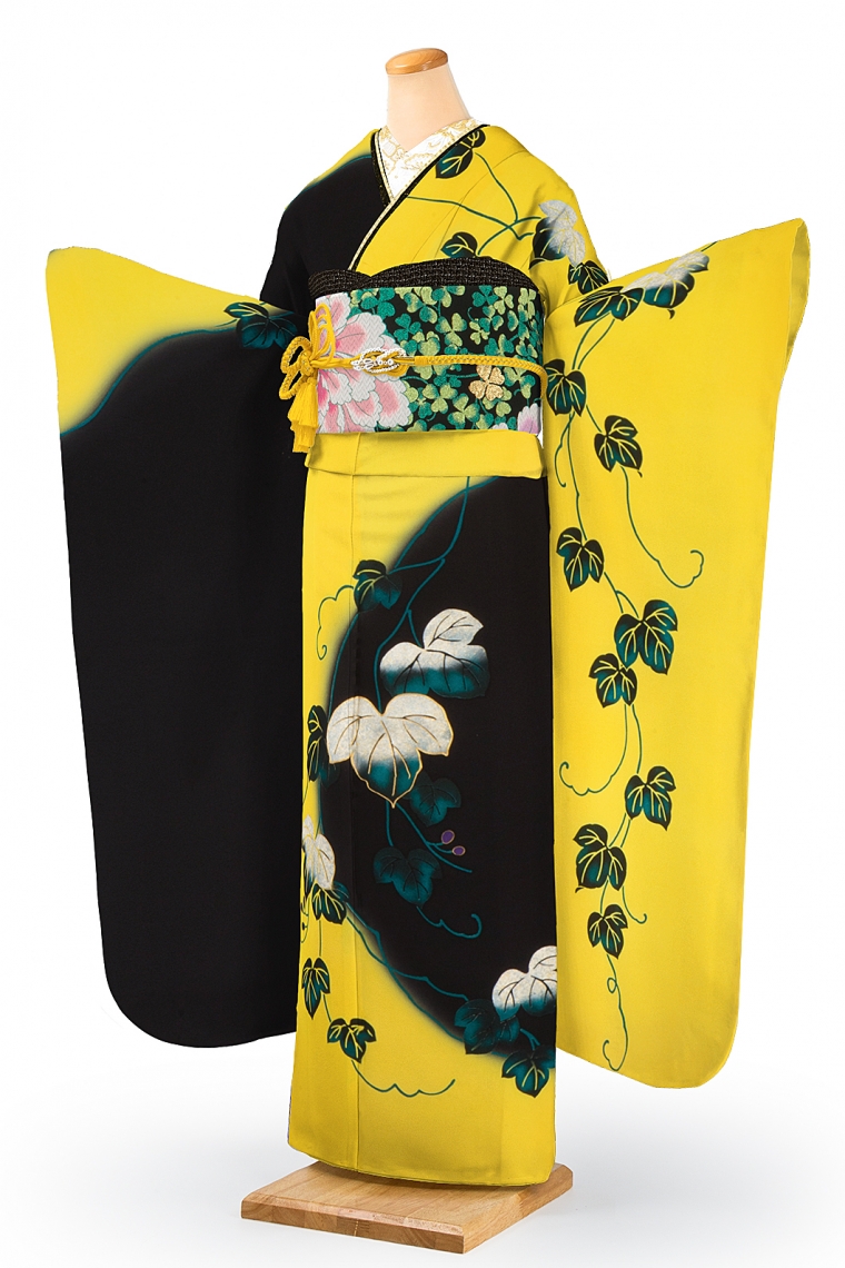 振袖レンタル 振袖LLサイズ デザイナー：中村乃武夫 蔦 黒黄｜着物