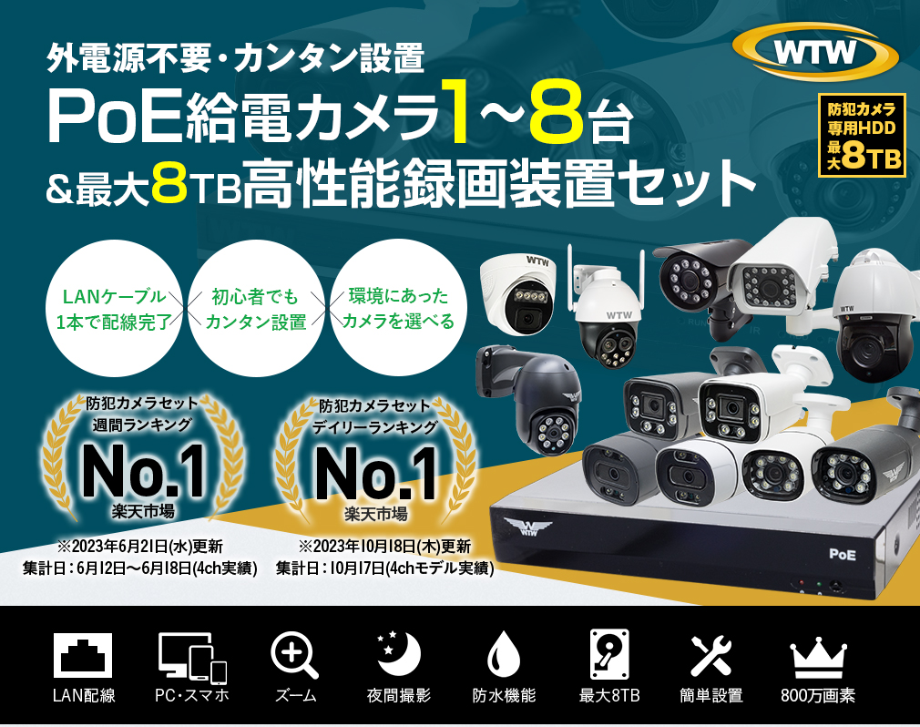 防犯カメラ セット XPOE 8CH ワンケーブル【WTW 塚本無線】