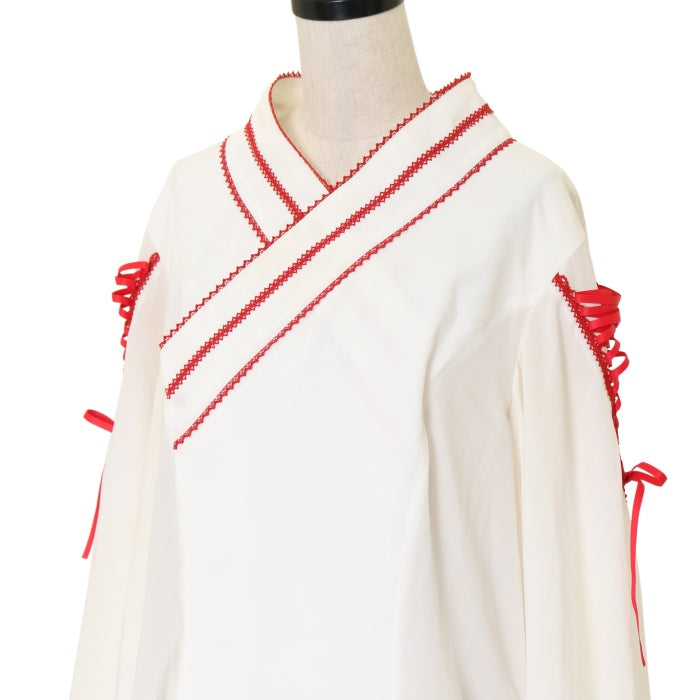 USED】【プラスサイズ】着物合わせ風ブラウス（オフホワイト×レッド