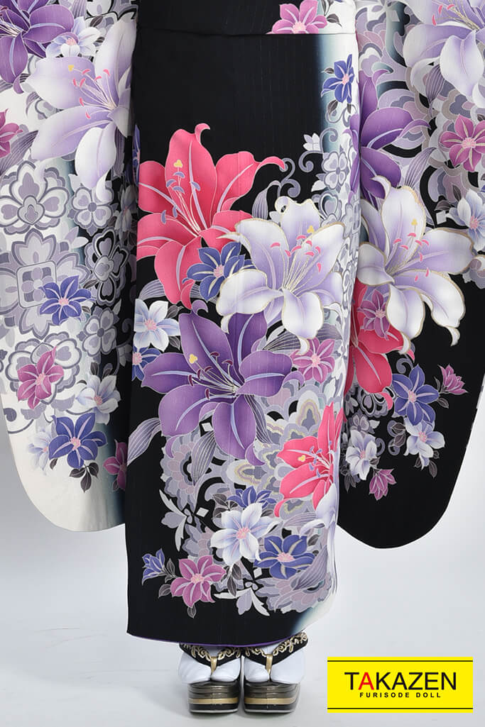 安いモード 黒/紫 百合柄 大人っぽい かっこいい クール系系振袖 格安