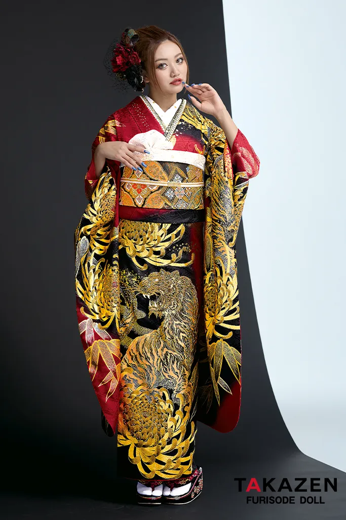 ジャパンモード 赤/黒/金(ゴールド) 本物虎柄 いかつい ド派手振袖