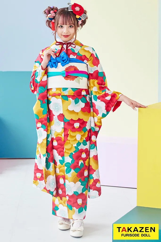 レトロポップ オレンジ/赤/黄 ツバキ柄/総柄 柄多め 個性的 可愛い