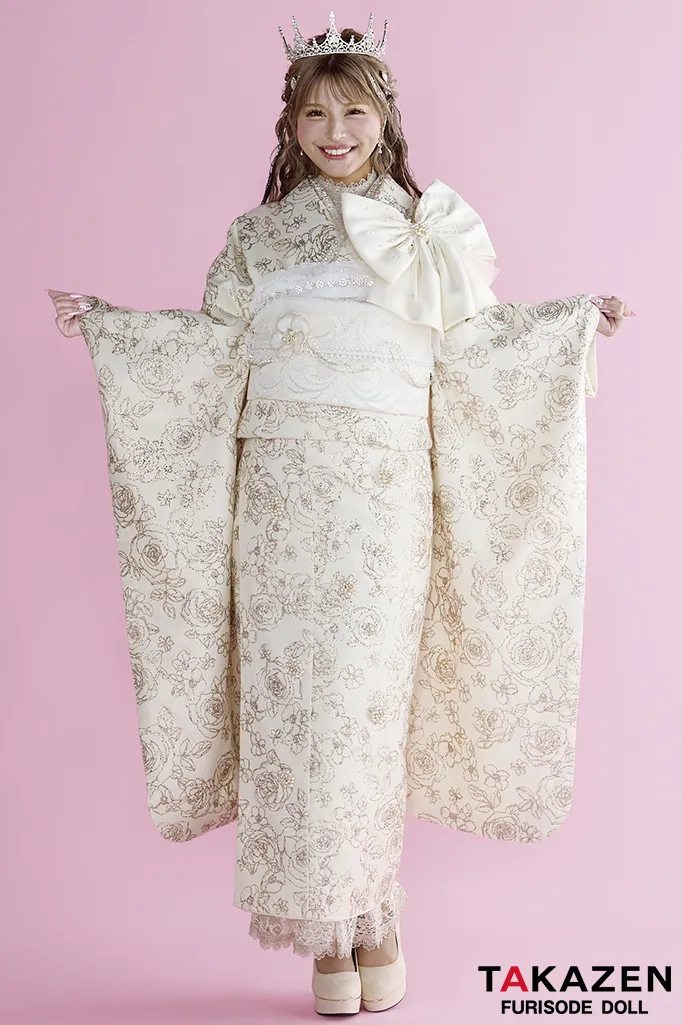 ヘップバーンシュシュ クリーム バラ柄 キラキラ振袖 グリッター