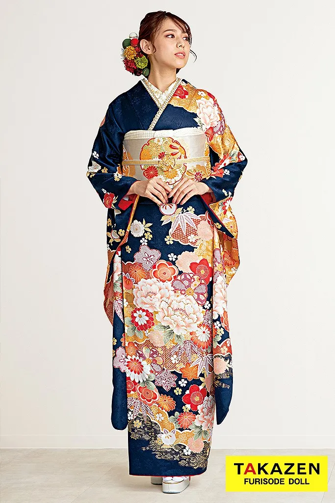 正統派古典 紺/金色/ネイビー 牡丹柄 はんなり 上品 王道 大和撫子