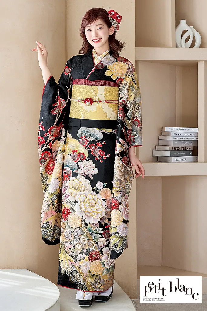 現在最安値 振袖 赤黒金牡丹【Lサイズ相当】古典 振袖 赤黒金牡丹【L