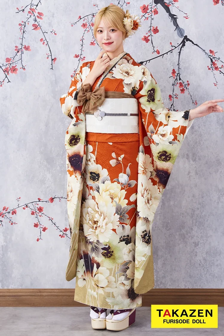 テラコッタの振袖｜成⼈式の振袖レンタルならTAKAZEN、世界⼀かわいい