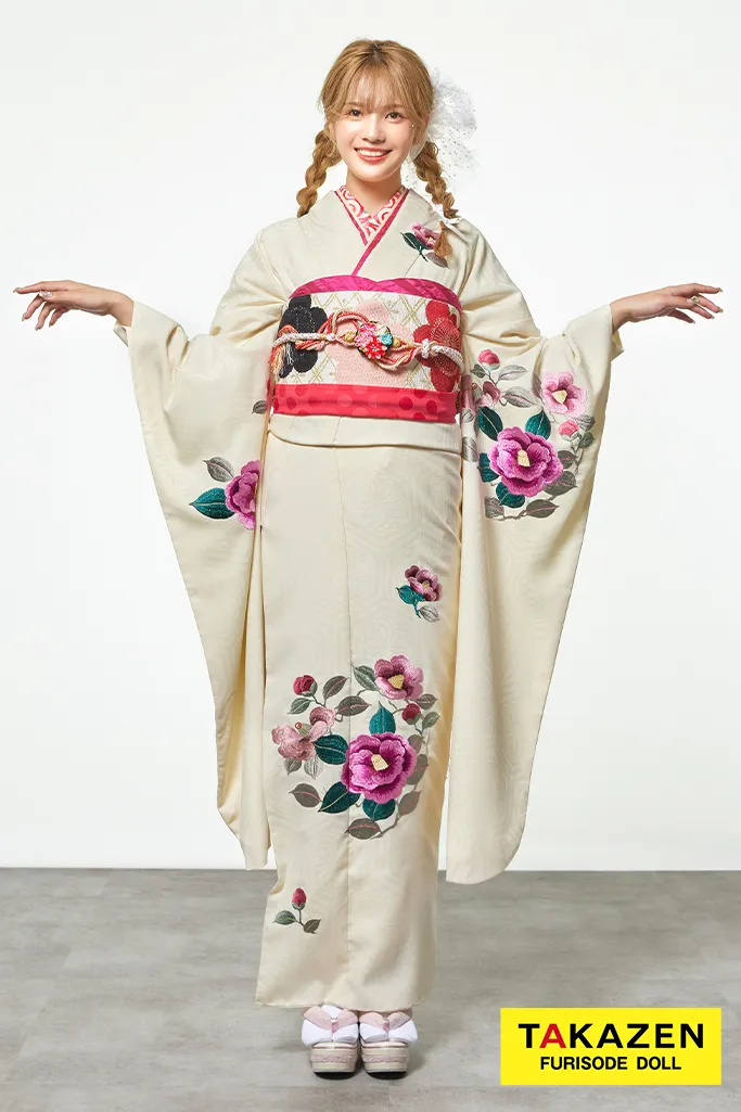 格安大正ロマン 白/ピンク 椿柄刺繍 シンプル すっきり 柄少なめ