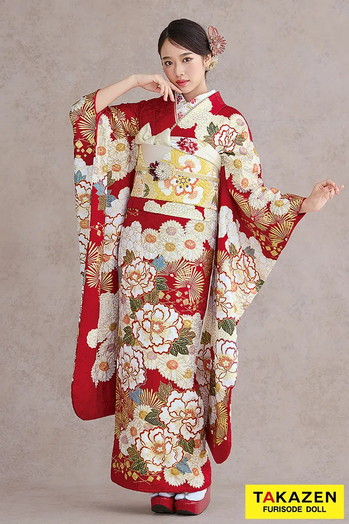 最高級古典柄振袖 関芳/最高級金彩刺繍友禅 緑/金 御所車柄/牡丹柄