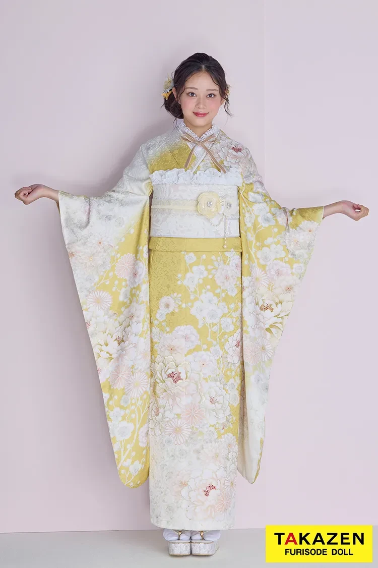 くすみカラーガーリー イエロー/黄色/淡い色 牡丹柄 かわいい レース