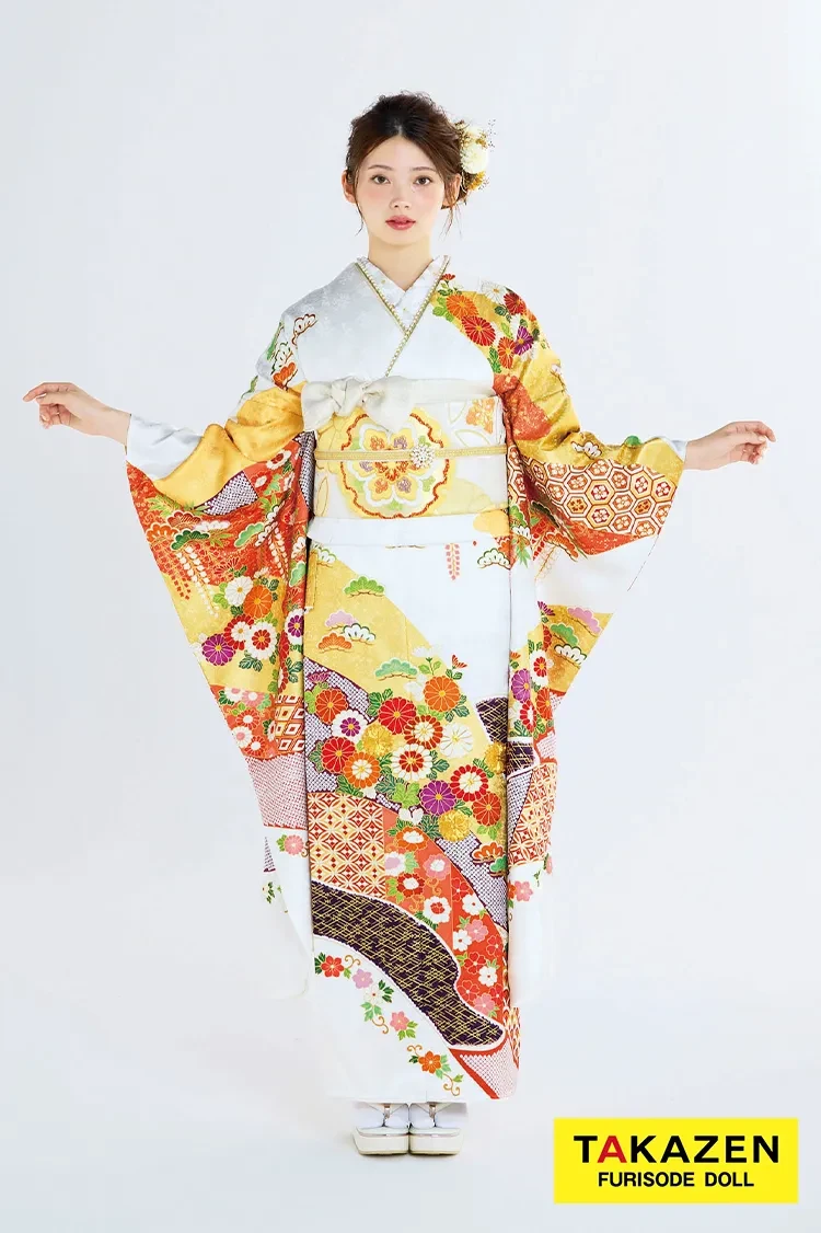 プレミアム古典 吉澤織物 『逸品』最高級染繍桶絞り友禅 白/オレンジ