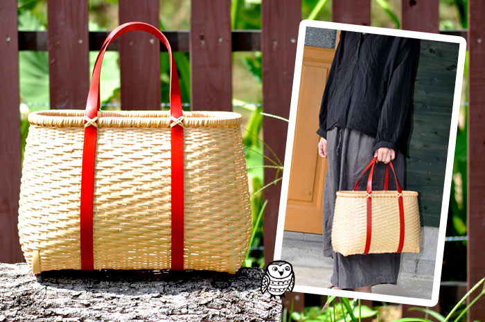 竹かご鞄 大 革手/買い物かご大 革手 －白/竹かご/かごバッグ