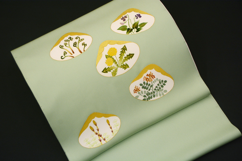 ショコラティエ 貝合わせと緑色 扇形花柄 袋帯3点 季節の染帯 「貝