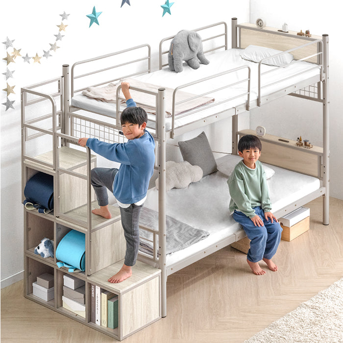 階段ラック付 木目調 二段ベッド シングル キング 対応 ロフトベッド 2
