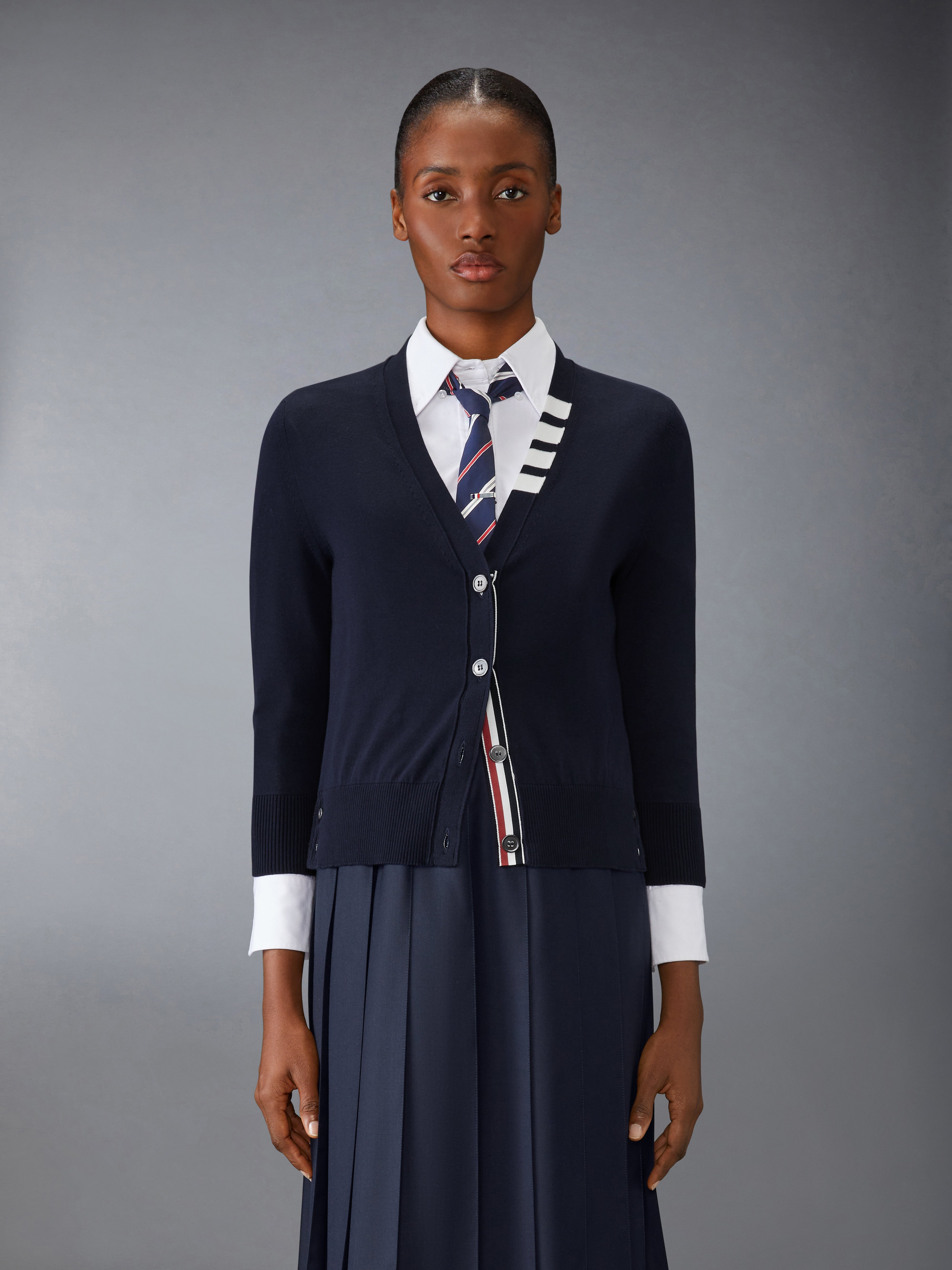 Jersey Stitch 3/4 Sleeve V Neck Cardigan In Cotton W/ 4 Bar Stripe