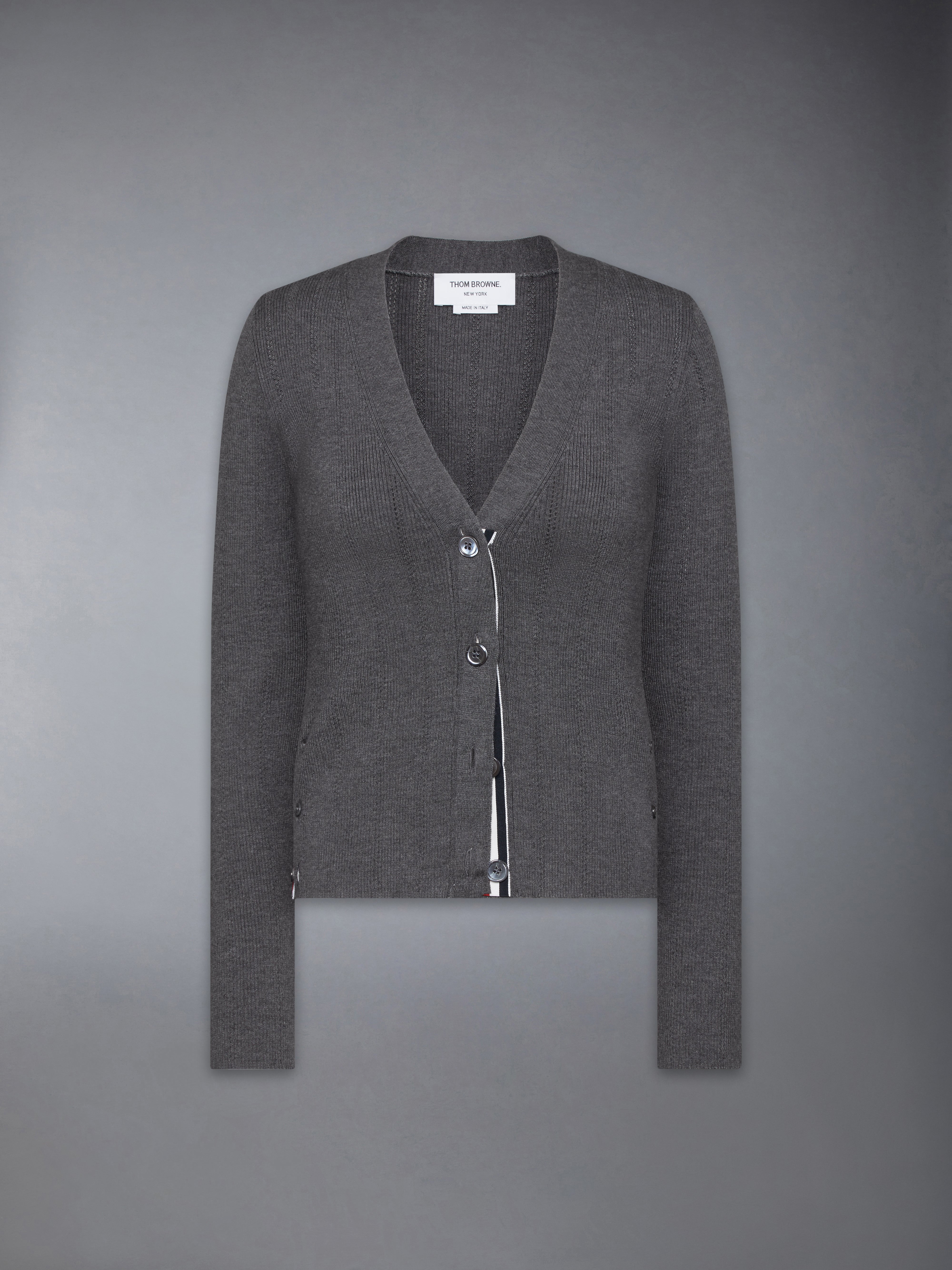 Wool Silk Pointelle V Neck Cardigan | Thom Browne
