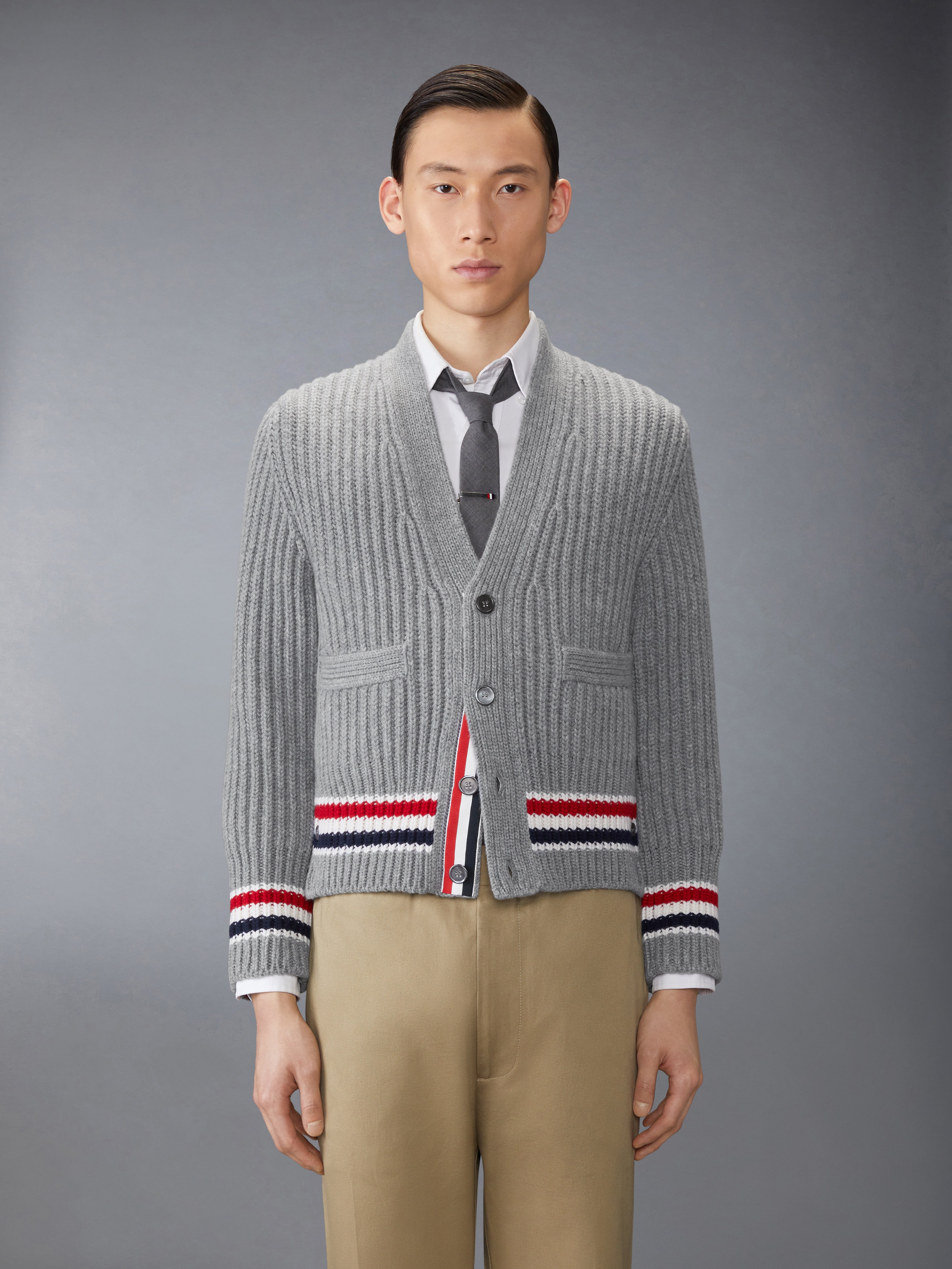 Rwb Stripe Cashmere V Neck Cardigan | Thom Browne