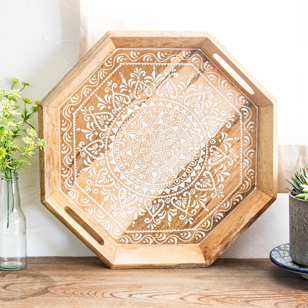 伝統の細密画 ウッドトレイ マンゴーウッド製 八角形 大 幅:38cm の