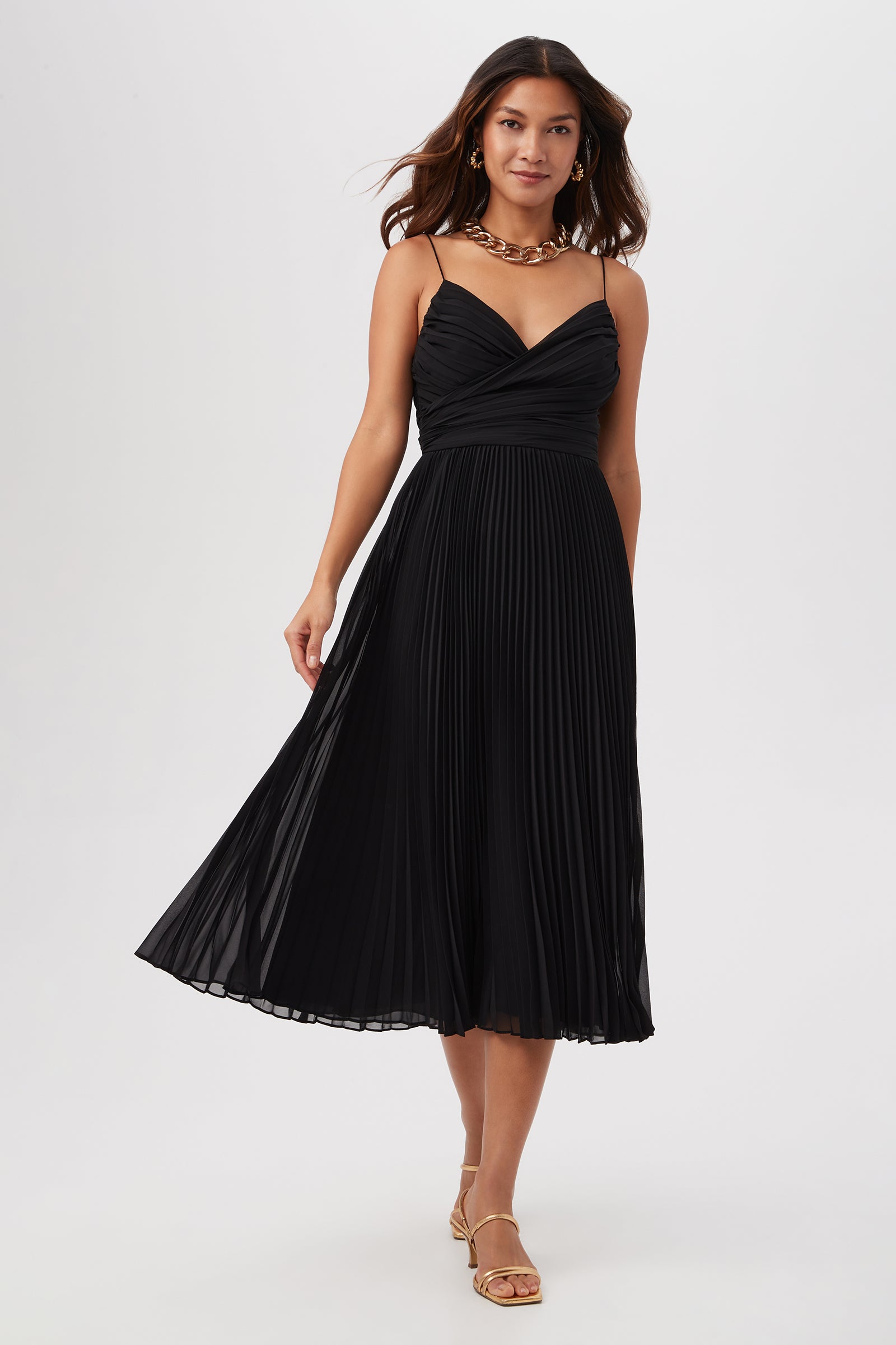 Natalie Sleeveless A-Line Midi Dress With Accordion Pleats