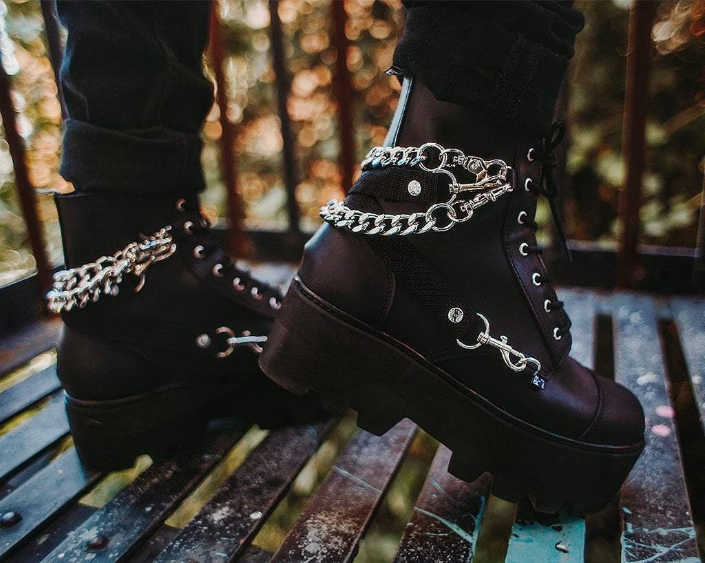Black Vegan 7-Eye Chain & Strap Dino Lug Creeper Boot