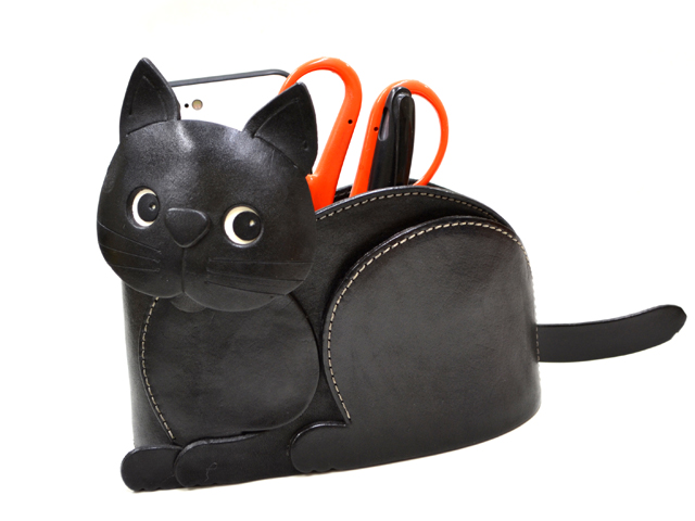 送料無料】VANCA 本革製 卓上小物入れ 黒ねこ