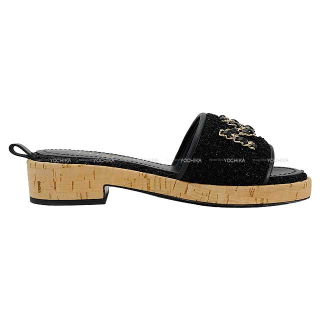 CHANEL シャネル サンダル チェーン ロゴ ツイード #36 黒 (ブラック