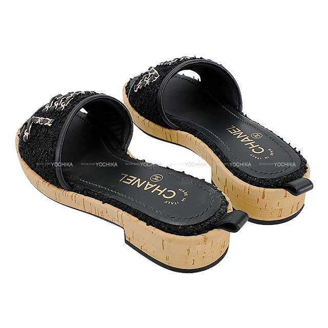 CHANEL シャネル サンダル チェーン ロゴ ツイード #36 黒 (ブラック