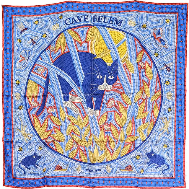 HERMES エルメス スカーフ カレ90 猫に注意 赤/マリン/ゴールド シルク