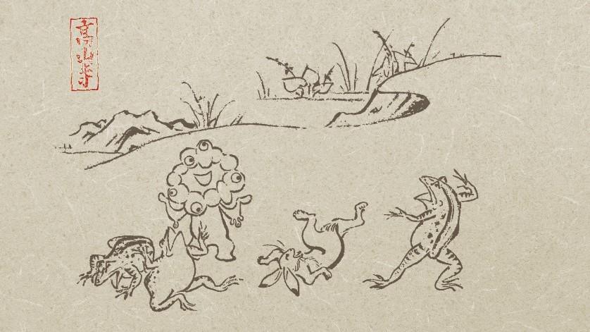 鳥獣人物戯画の動物たちとミャクミャクが