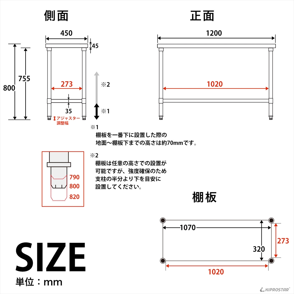 ステンレス作業台 板厚1.2mmモデル 1200×450×800 業務用