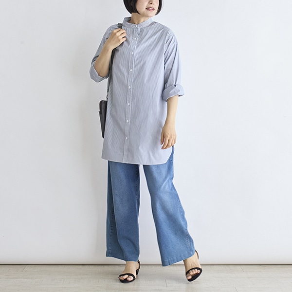 ストライプバンドカラーロングシャツ(ネイビー)｜SALE（ファッション