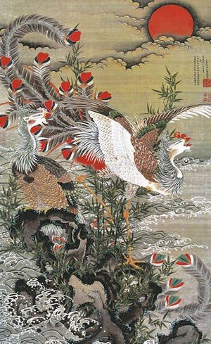 有名作家の掛け軸 伊藤若冲作 旭日鳳凰図