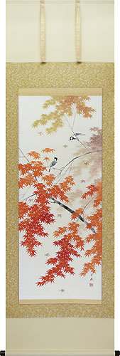 花鳥の掛け軸 出口華凰作 紅葉