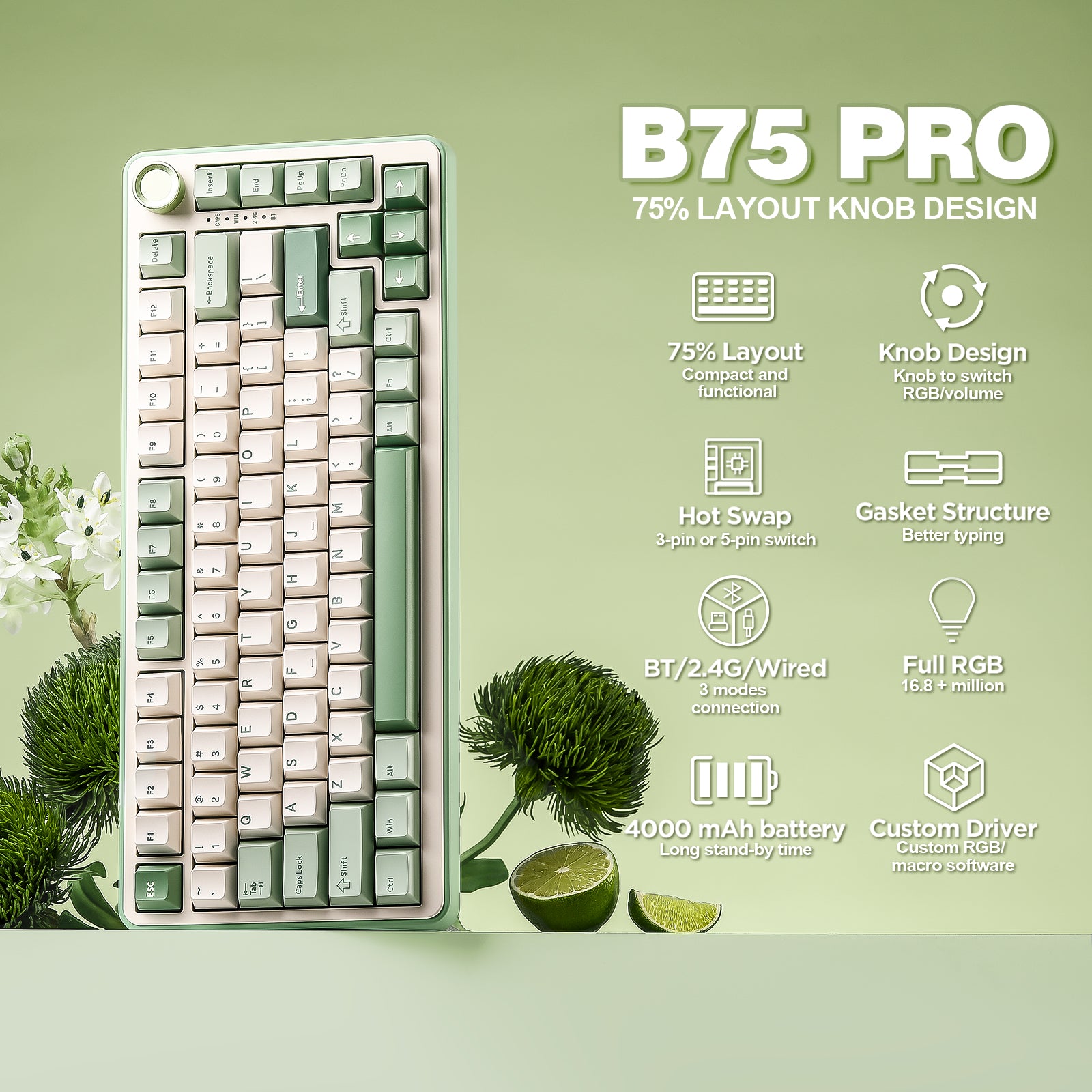 YUNZII B75 Pro Green Wireless Mechanical Keyboard – YUNZII KEYBOARD