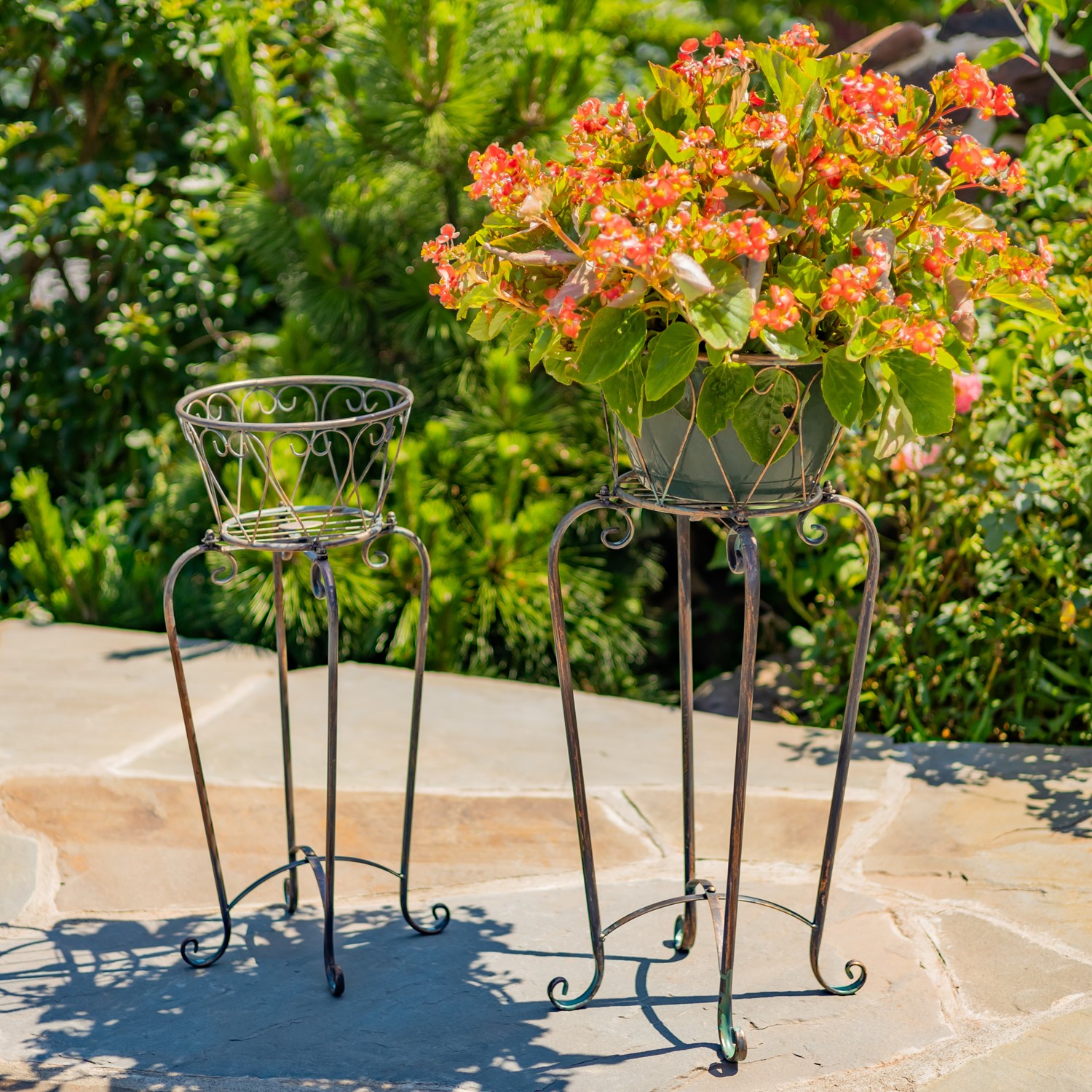 Set of 2 Ornate Standing Flower Basket Plant Stands in Antique