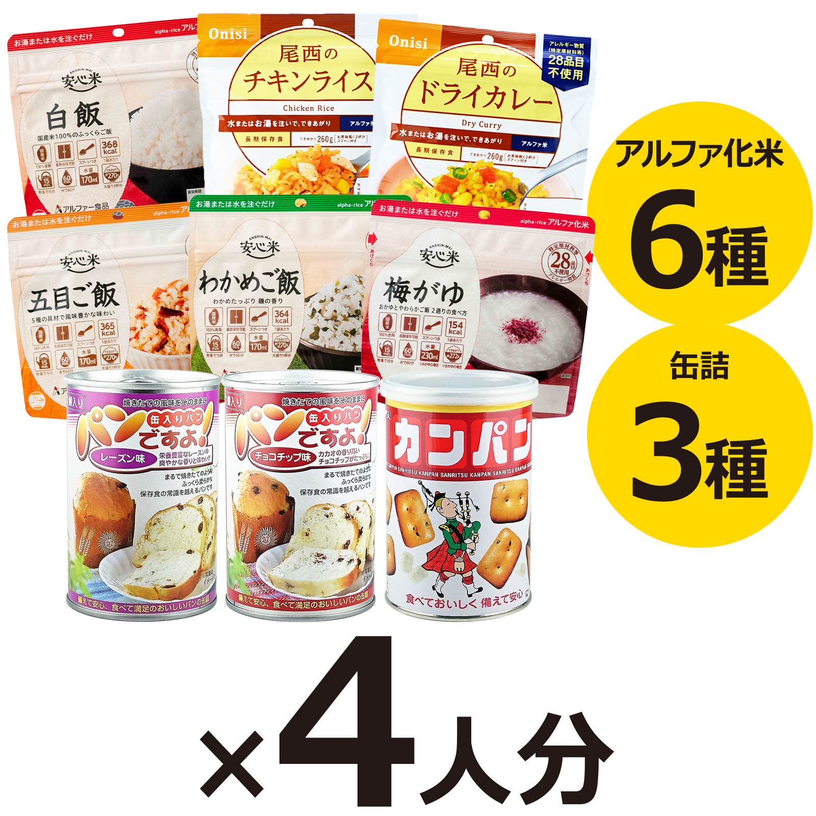 4人用 非常食セット 5年保存 3日分(9食) 計36食分〔賞味期限：2031年1