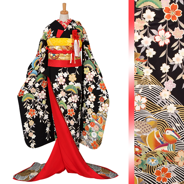 引き振袖：W001 黒 しだれ桜と松 金銀青海波の裾模様| 婚礼衣装