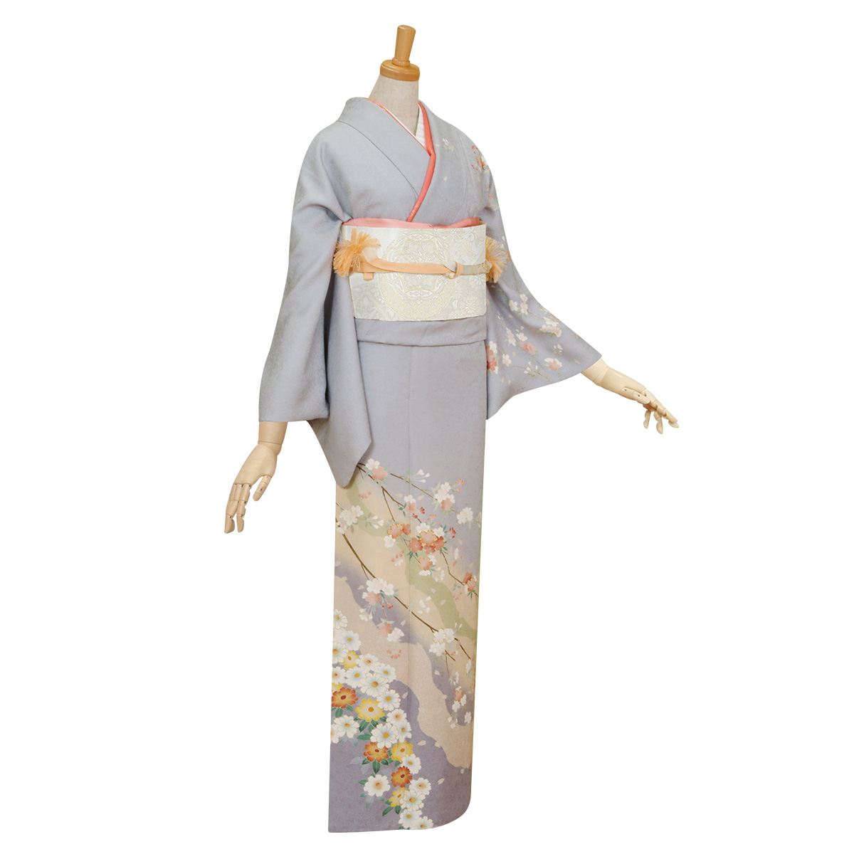 訪問着：H015 【訳あり】ブルーグレー 道長どり桜と菊☆| 訪問着