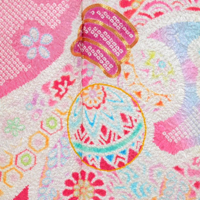 七五三七歳四つ身：N079 【正絹】淡ピンク 総絞り 熨斗束に手毬