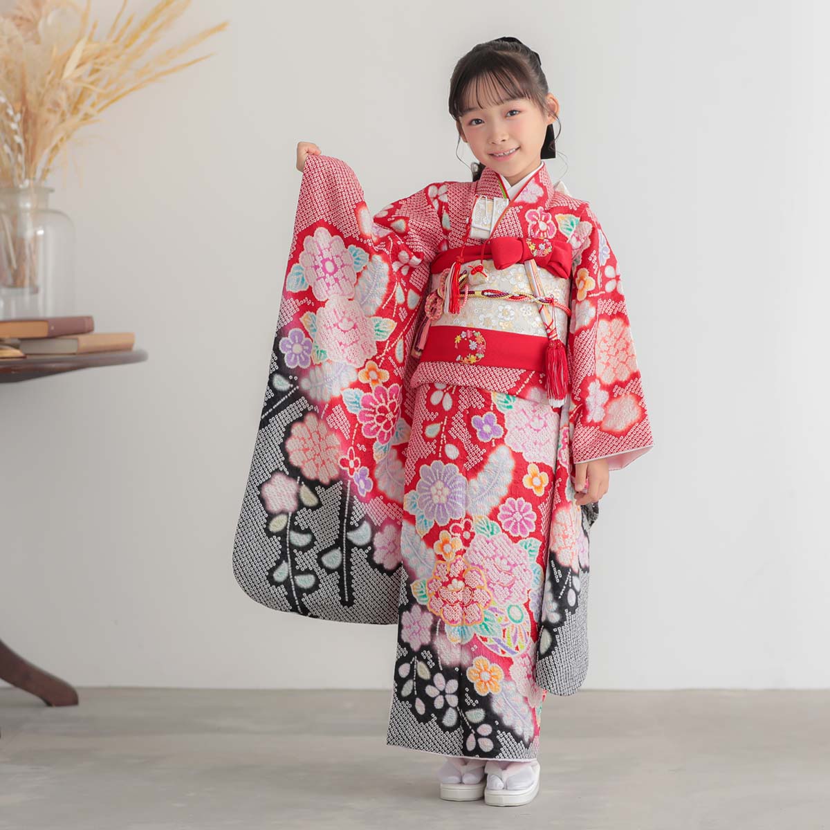 七五三七歳四つ身：N080 【正絹】赤 総絞り 牡丹に手毬 | 七五三着物