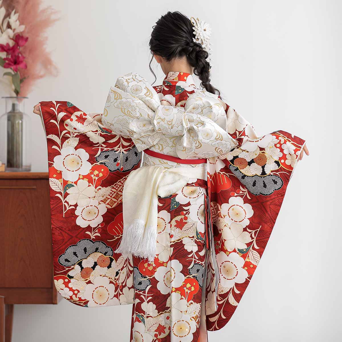 七五三七歳四つ身：N160 紅一点 【正絹】赤 梅に松 | 七五三着物