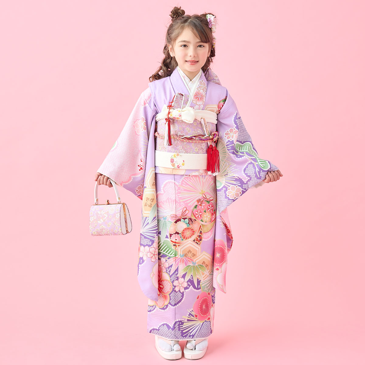 七五三七歳四つ身：N199 式部浪漫 藤色 梅に手毬 | 七五三着物レンタル