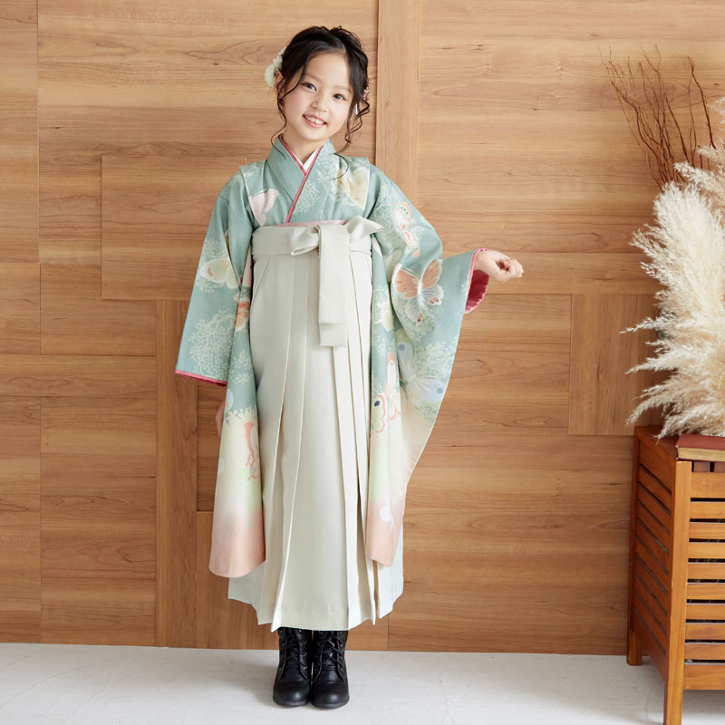 四つ身＋袴レンタル：N040 JILL STUART 薄緑 蝶々│ 袴レンタル