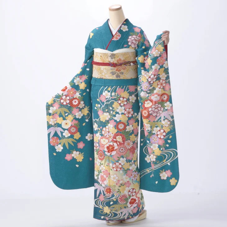 f0319009r】【青・紺系】振袖 レンタル フルセット Lサイズ 【状態:A