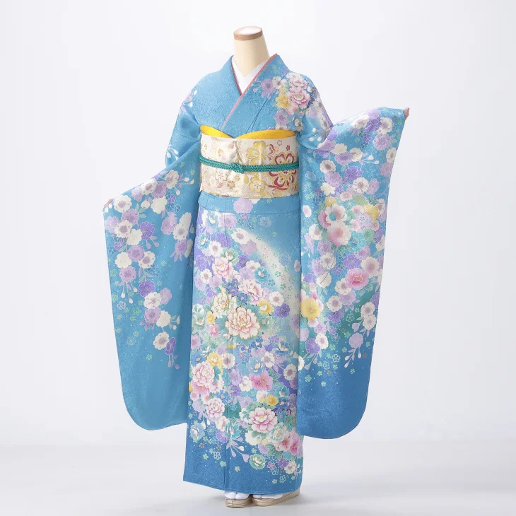 f8025009r】【青・紺系】振袖 レンタル フルセット Mサイズ ほぼ新品