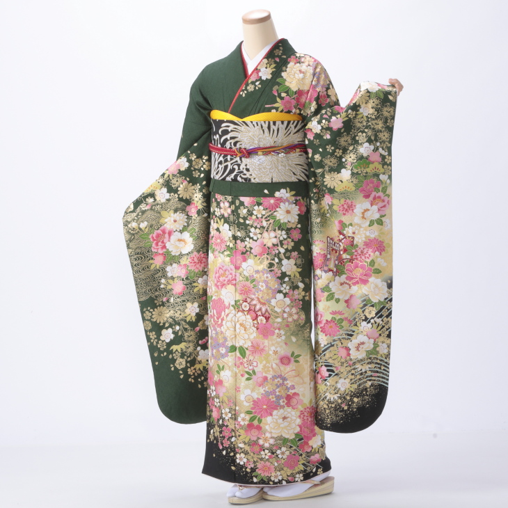 f0520120r2】【グリーン系】振袖 レンタル フルセット Lサイズ 【状態