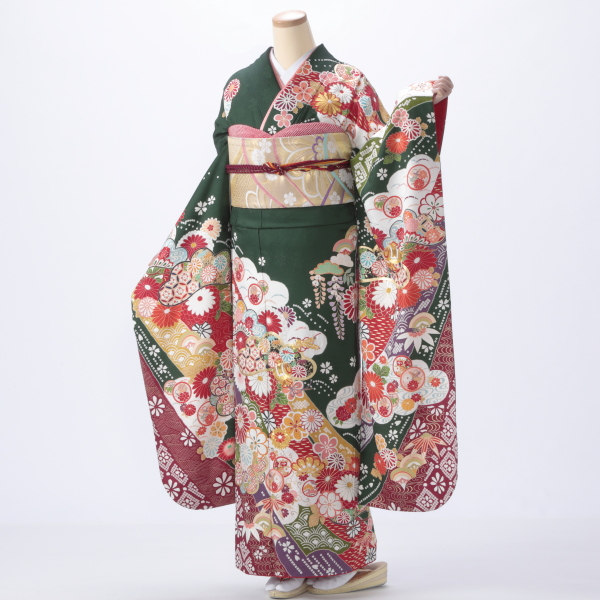 f0721196r】【グリーン系】振袖 レンタル フルセット Lサイズ 【状態:S