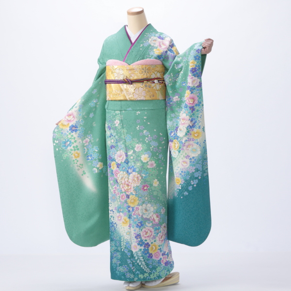 f1018024r2】【グリーン系】振袖 レンタル フルセット Lサイズ 【状態